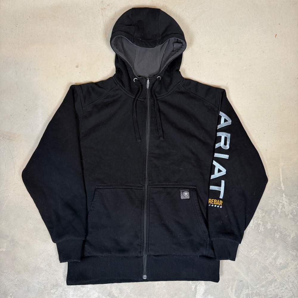 Ariat Rebar Mens Black Full Zip Fleece Lined Logo Workwear Hoodie Size L